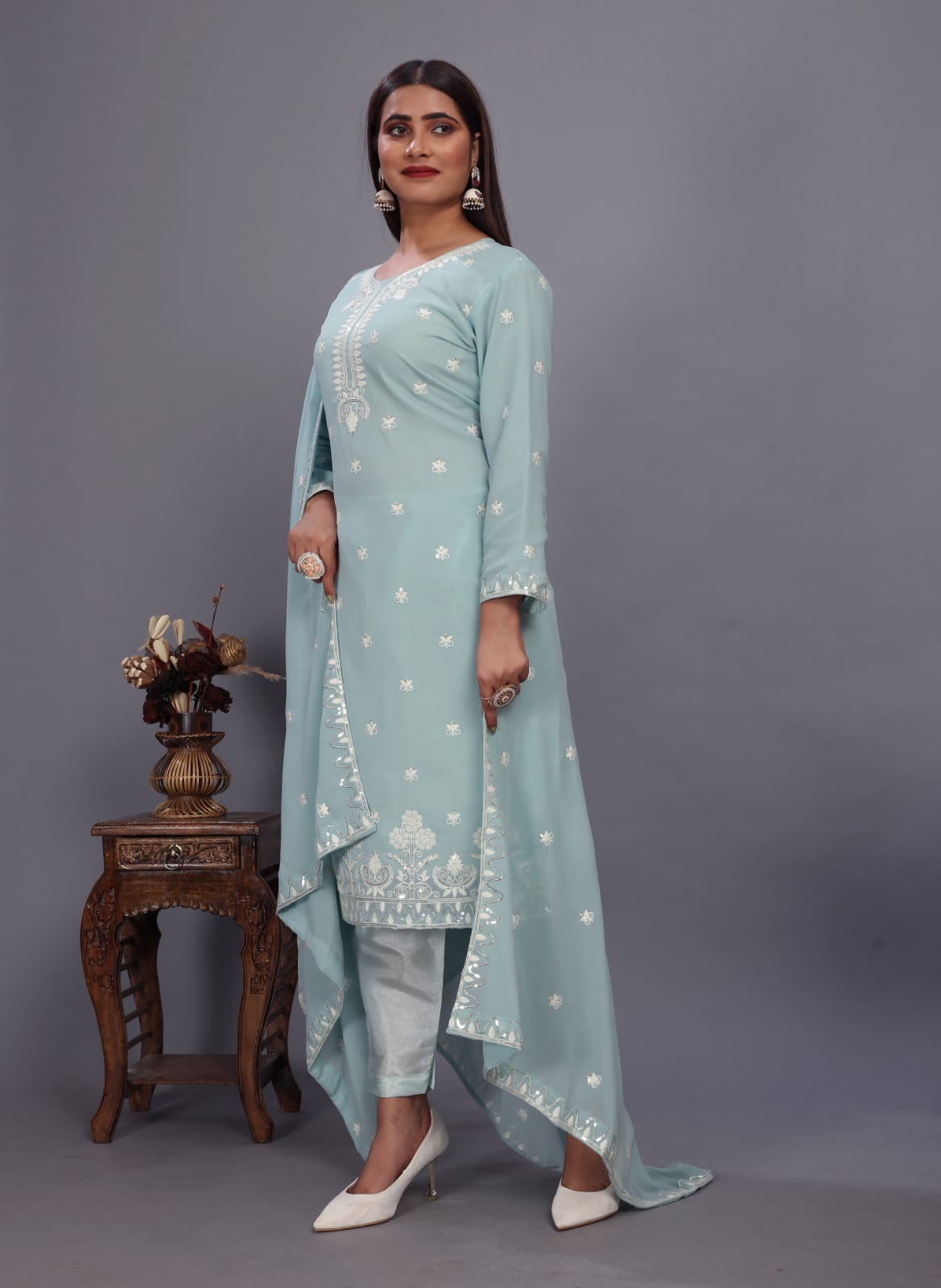 Light Sky Blue Designer Embroidery Suit For Women
