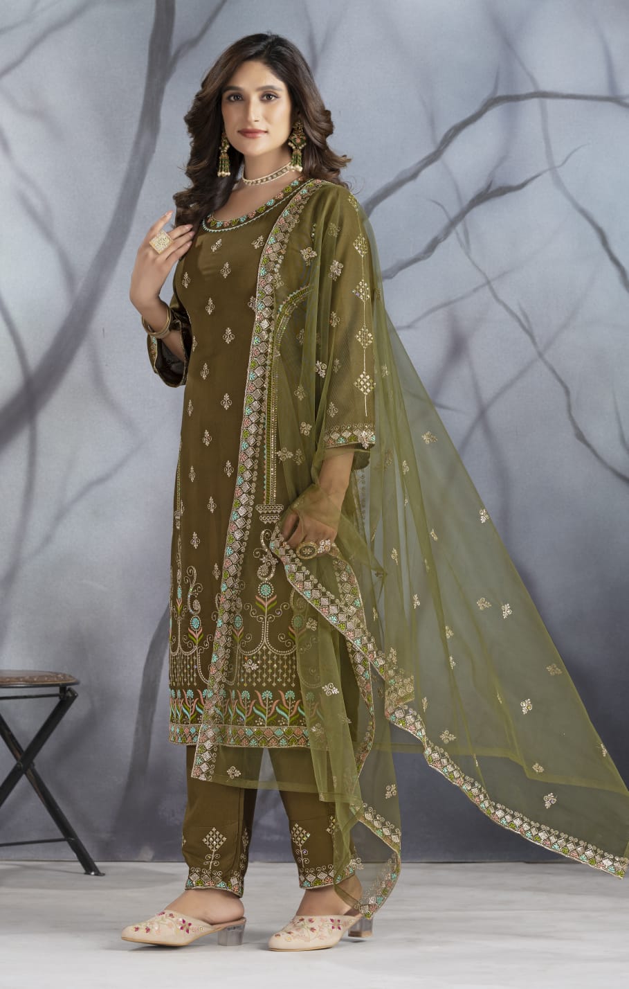 Dark Mehndi Designer Embroidery Suit For Women