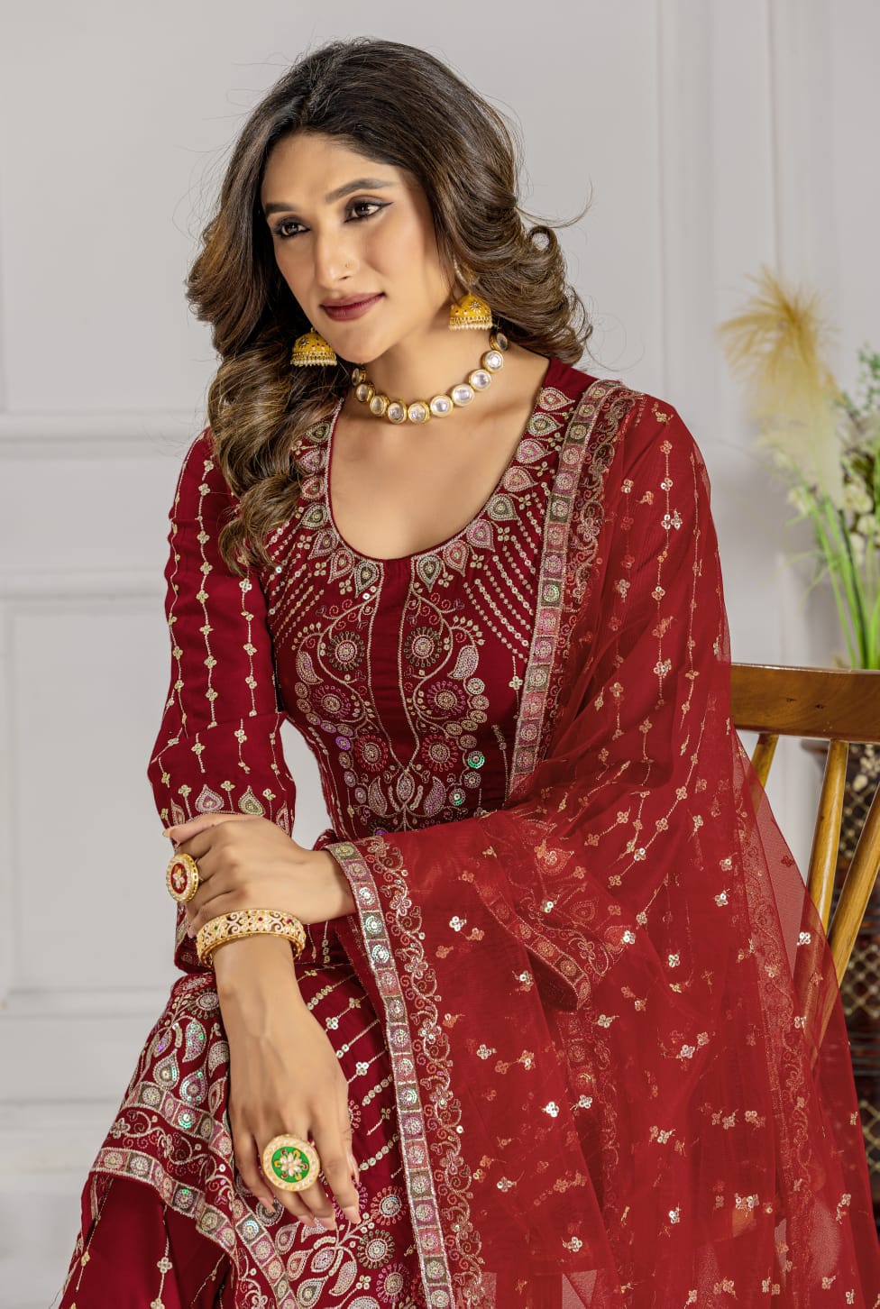 Premium Red Designer Embroidery Suit For Women
