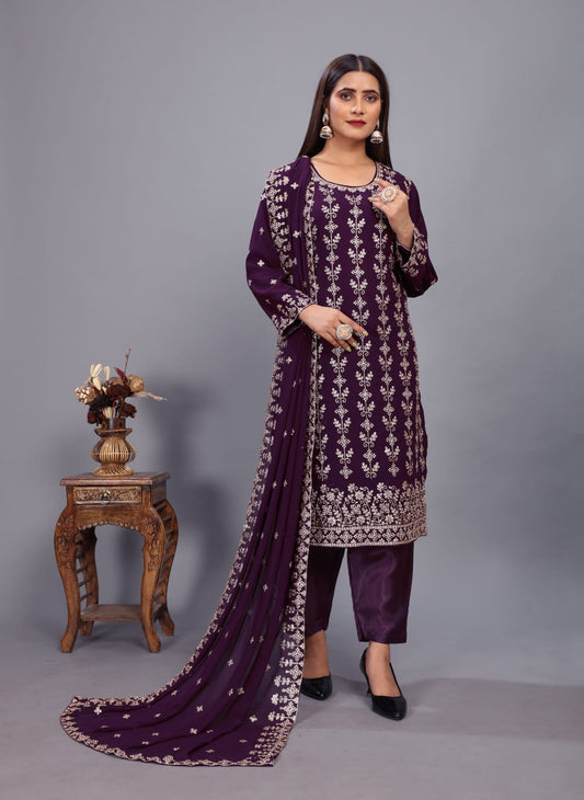 Wine Designer Embroidery Suit For Women