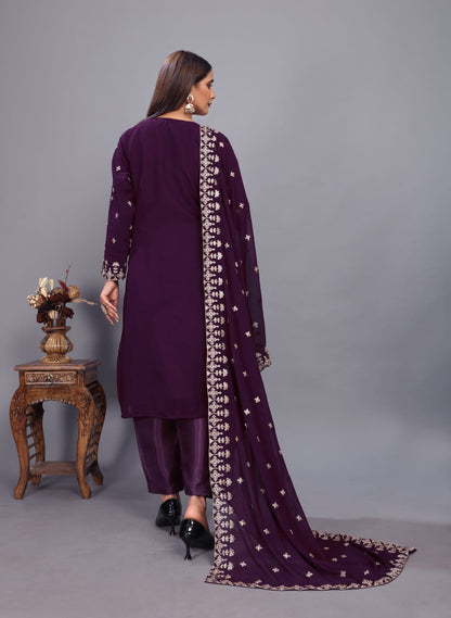 Wine Designer Embroidery Suit For Women