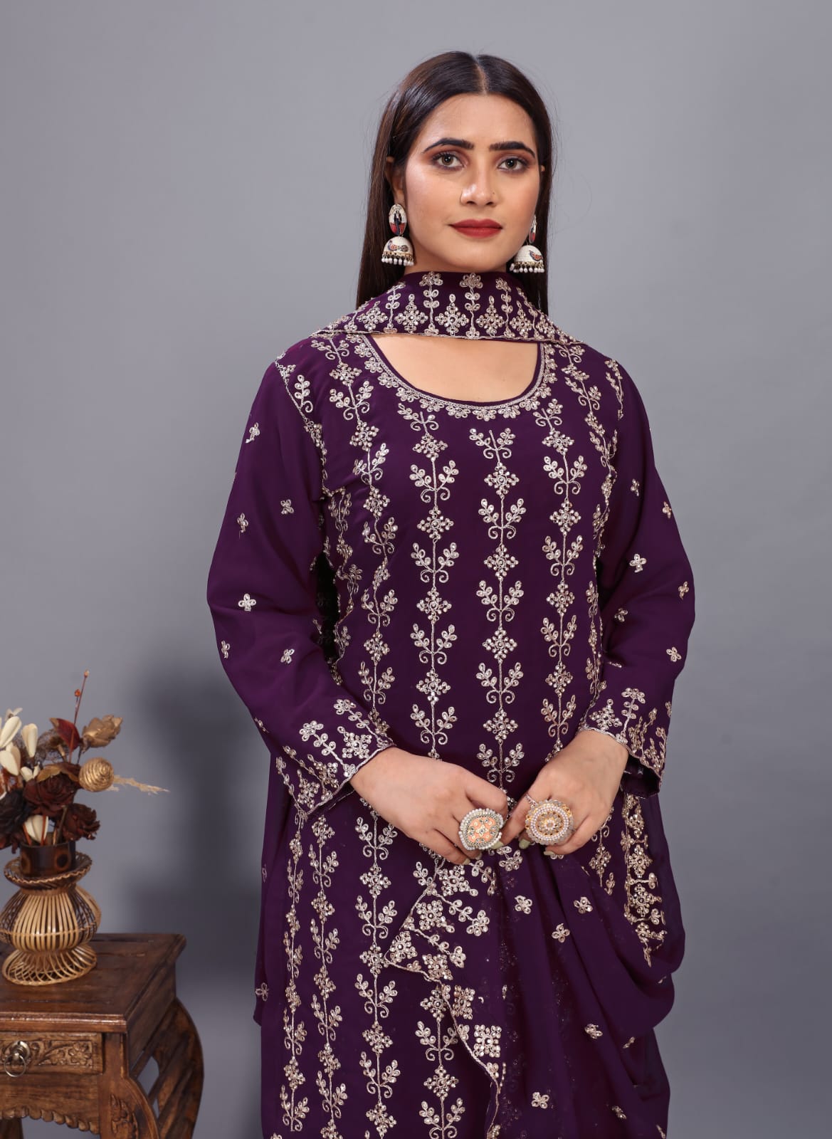 Wine Designer Embroidery Suit For Women