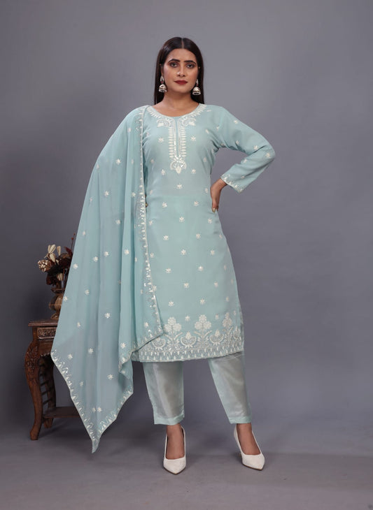 Light Sky Blue Designer Embroidery Suit For Women