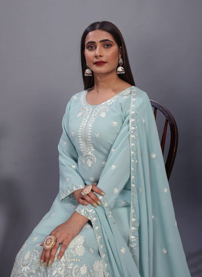 Light Sky Blue Designer Embroidery Suit For Women