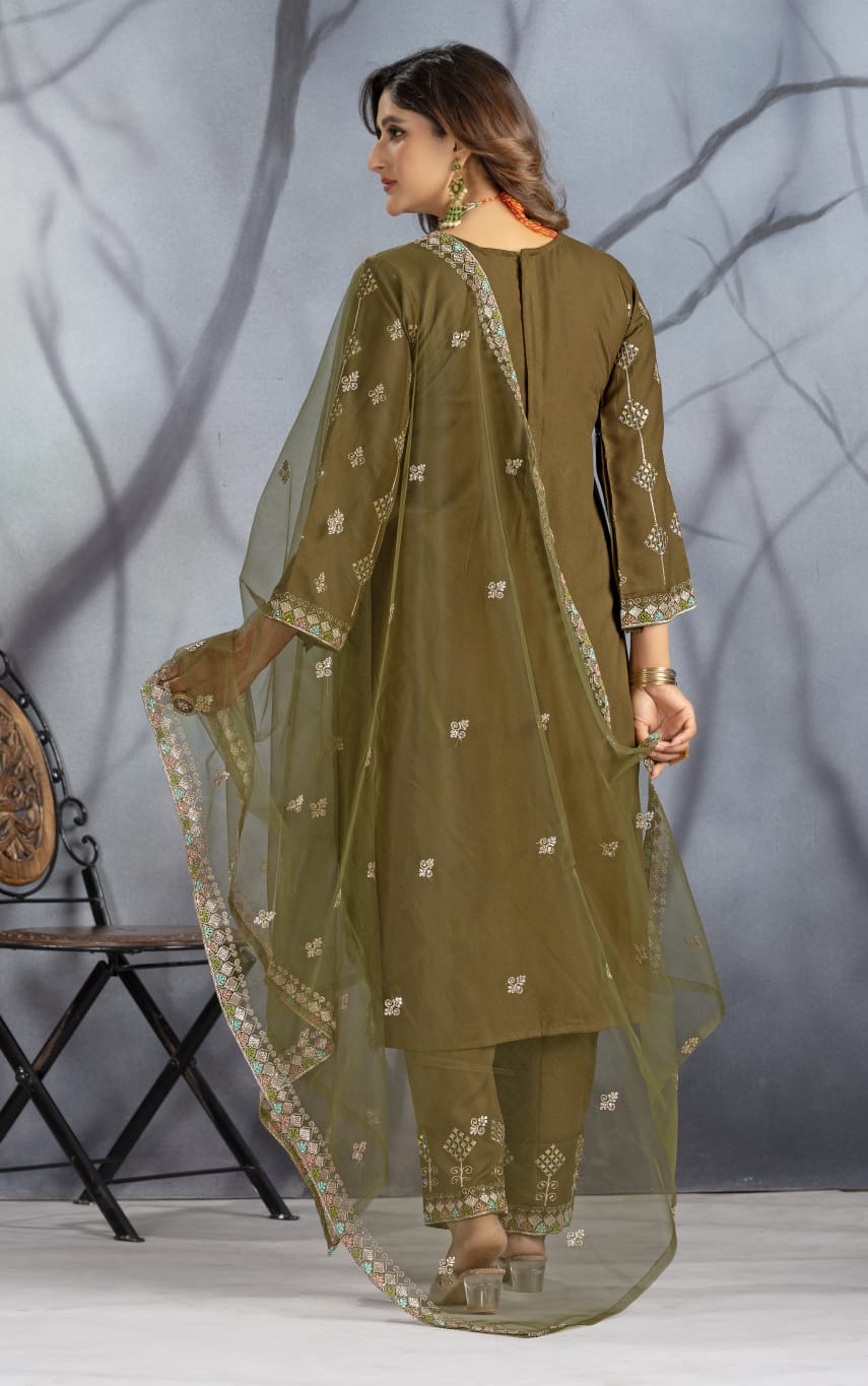 Dark Mehndi Designer Embroidery Suit For Women