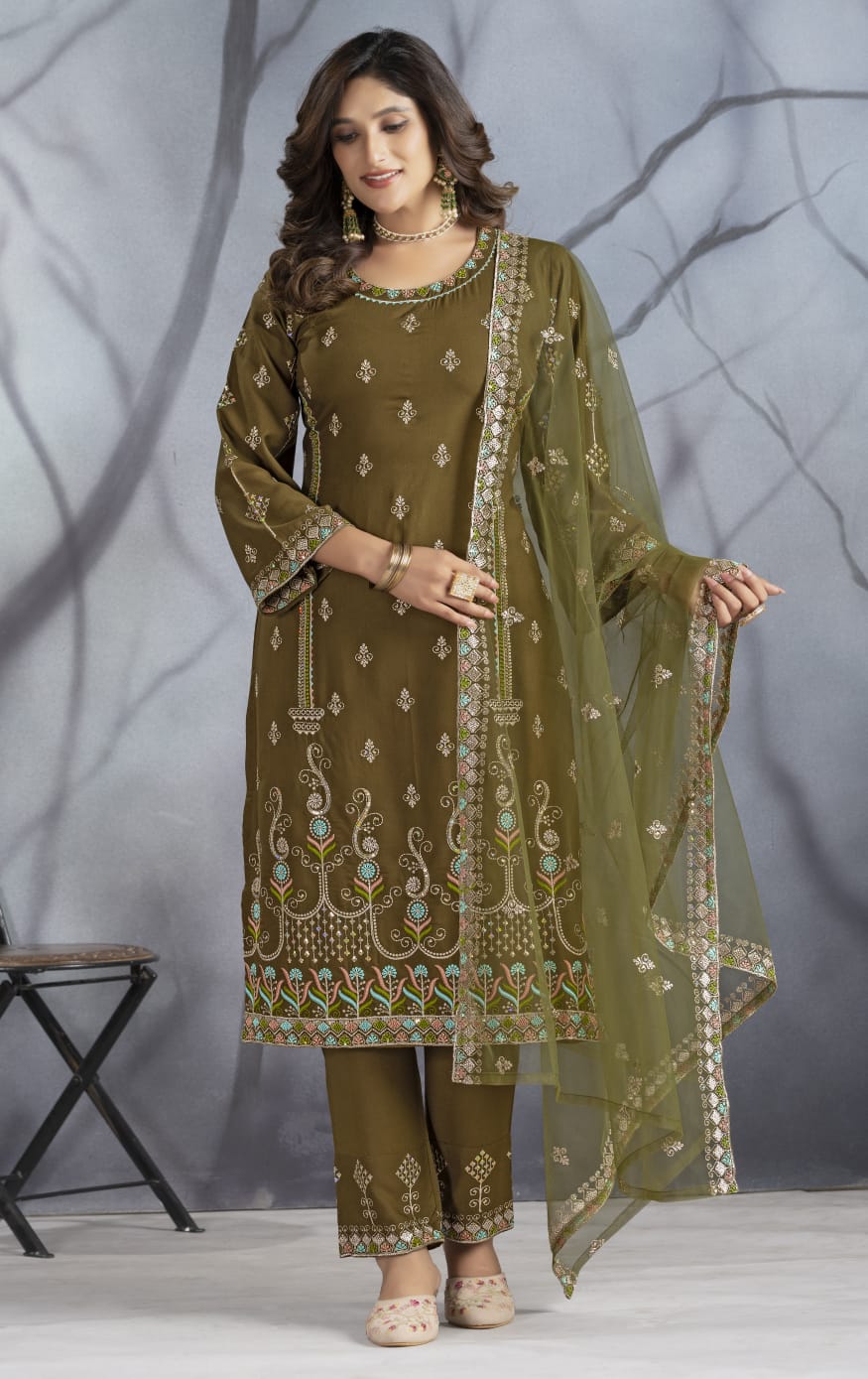 Dark Mehndi Designer Embroidery Suit For Women