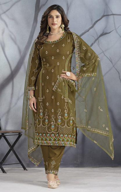 Dark Mehndi Designer Embroidery Suit For Women