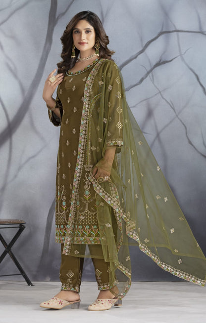 Dark Mehndi Designer Embroidery Suit For Women