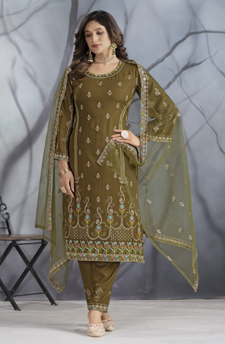 Dark Mehndi Designer Embroidery Suit For Women