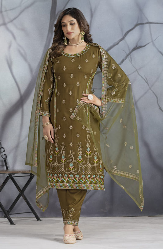 Dark Mehndi Designer Embroidery Suit For Women