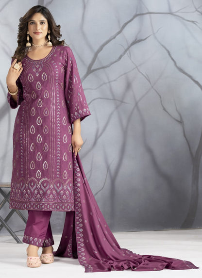 Dusty Violet Designer Embroidery Suit For Women