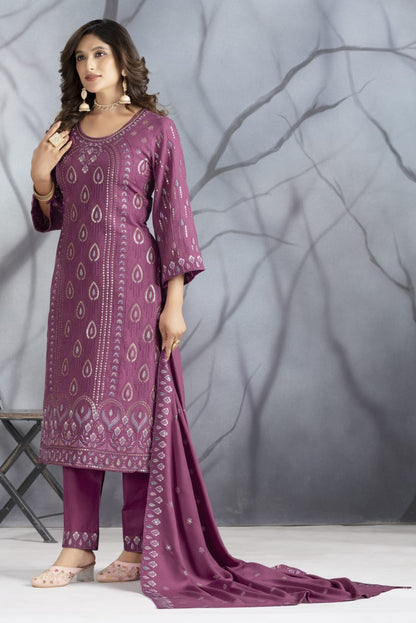 Dusty Violet Designer Embroidery Suit For Women