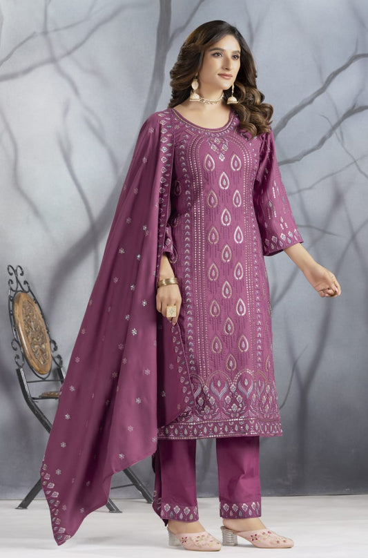 Dusty Violet Designer Embroidery Suit For Women