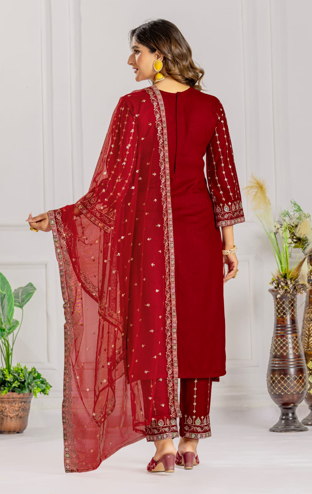 Premium Red Designer Embroidery Suit For Women