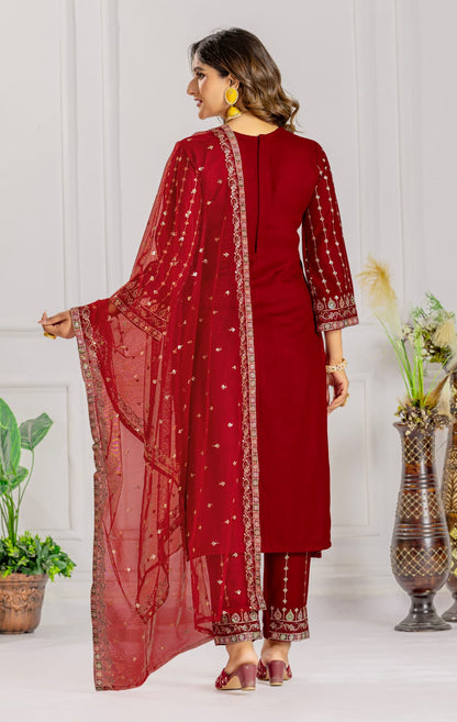 Premium Red Designer Embroidery Suit For Women