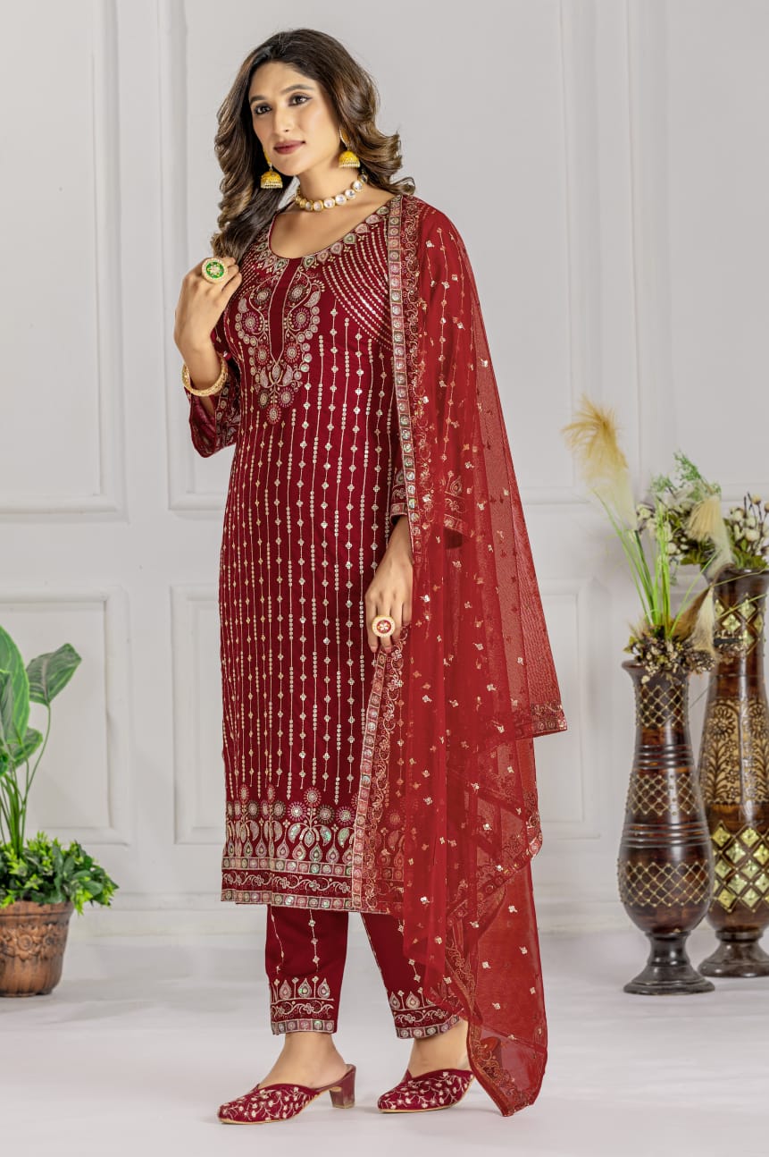 Premium Red Designer Embroidery Suit For Women