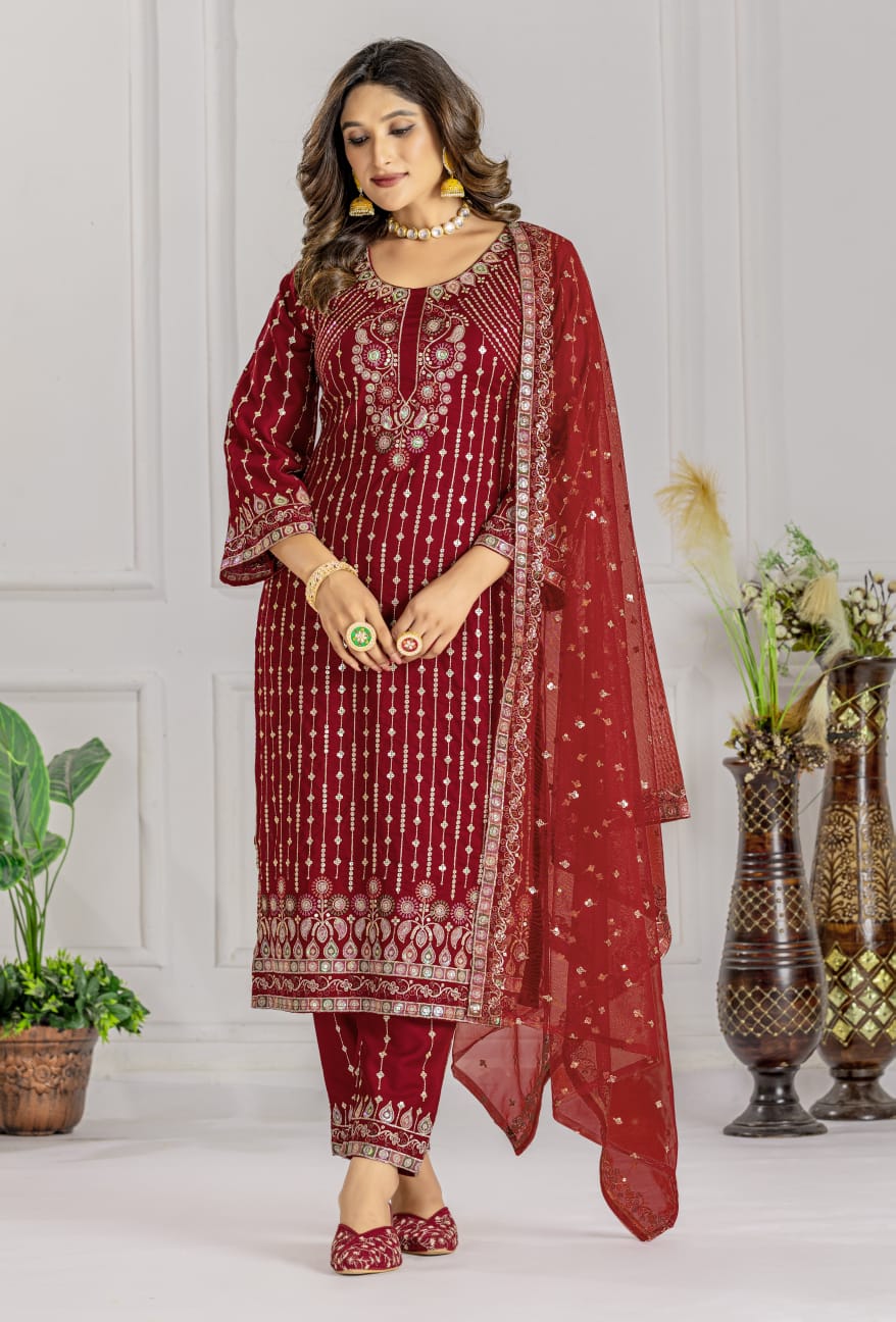 Premium Red Designer Embroidery Suit For Women