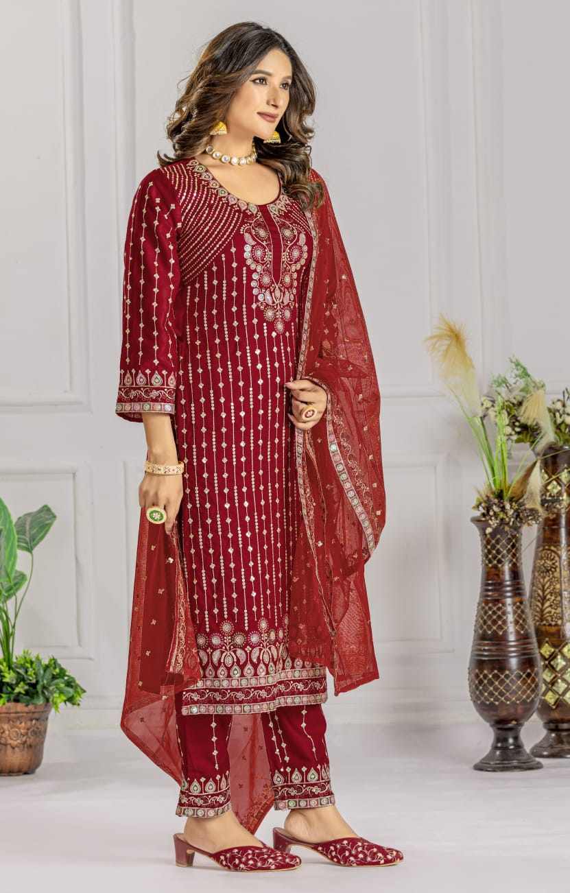 Premium Red Designer Embroidery Suit For Women