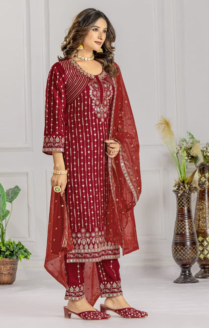 Premium Red Designer Embroidery Suit For Women