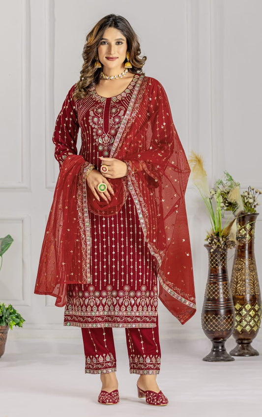 Premium Red Designer Embroidery Suit For Women