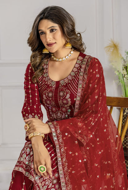 Premium Red Designer Embroidery Suit For Women