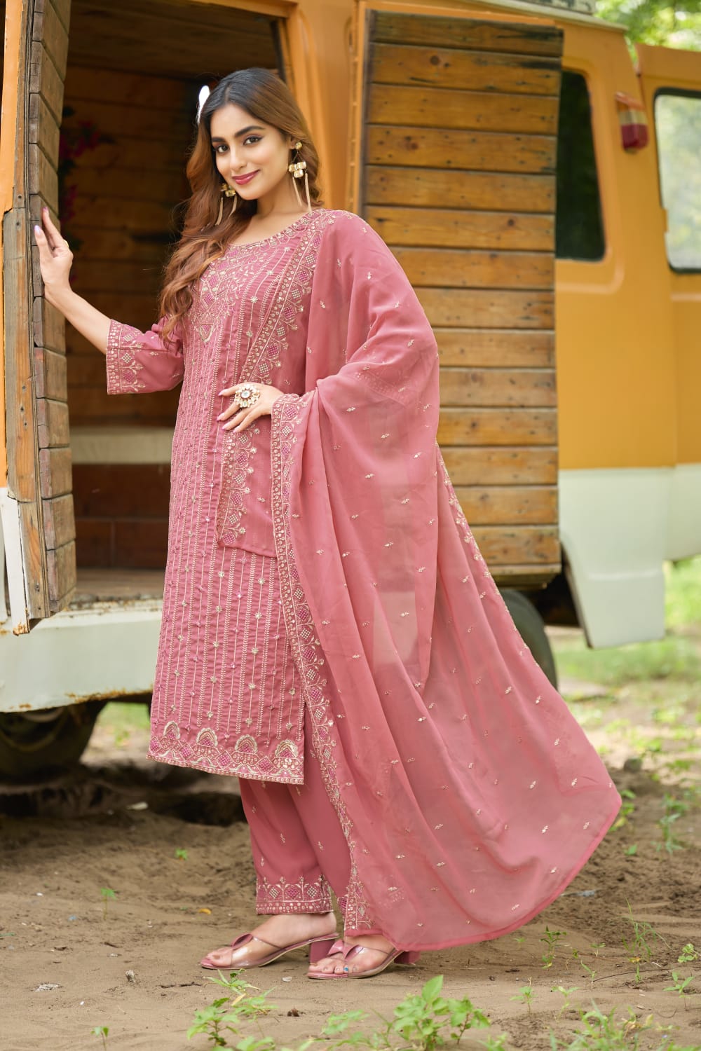 Pink Designer Embroidery Suit For Women