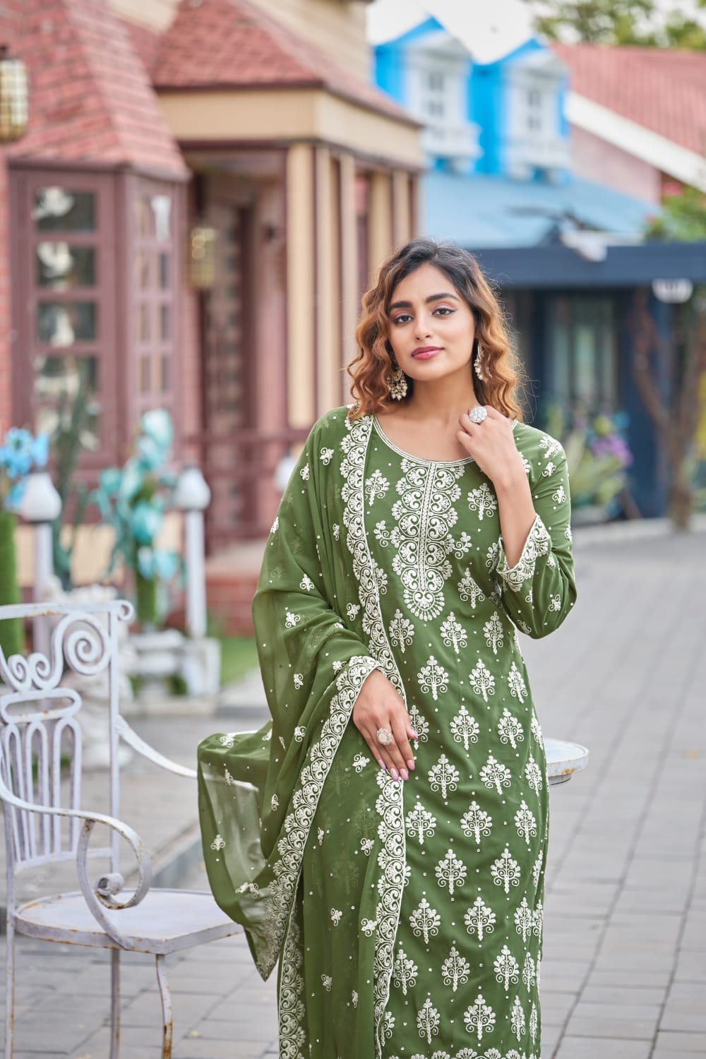 Green Designer Embroidery Suit For Women